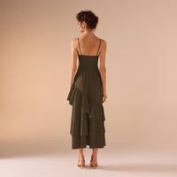 Green Linen Dress With Ruffled Skirt - shopaleena