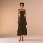 Green Linen Dress With Ruffled Skirt - shopaleena