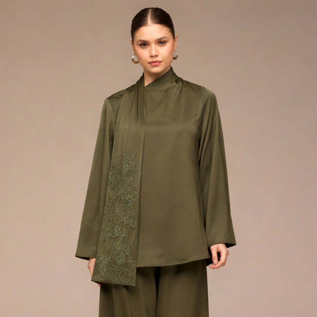 Green Loose Fit Long Sleeve Satin Blouse - shopaleena