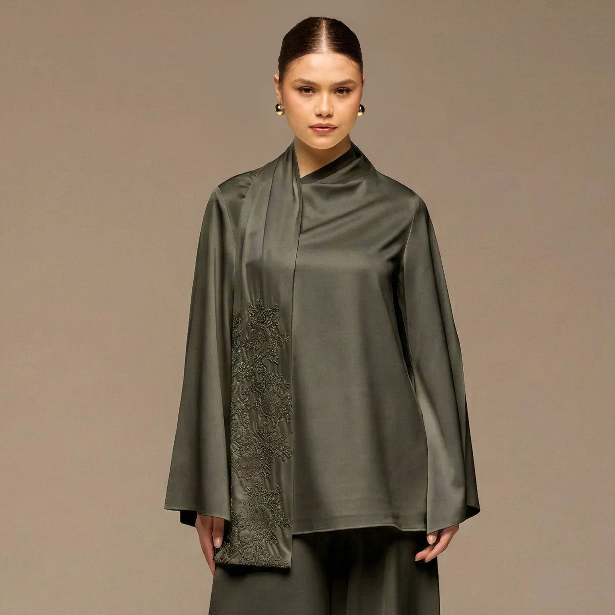 Green Loose Fit Long Sleeve Satin Blouse - shopaleena