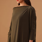 Green Off Shoulder Long Sleeve Crepe Kaftan - shopaleena