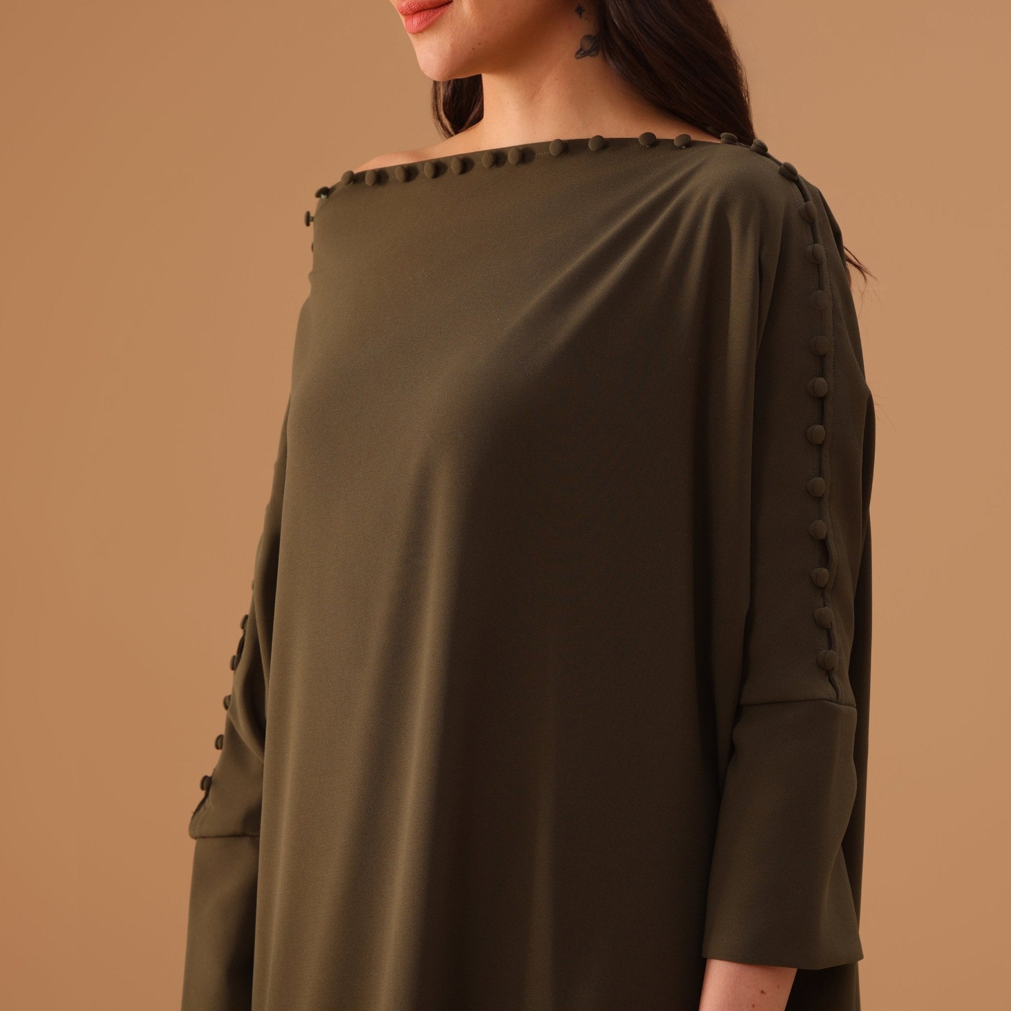 Green Off Shoulder Long Sleeve Crepe Kaftan - shopaleena