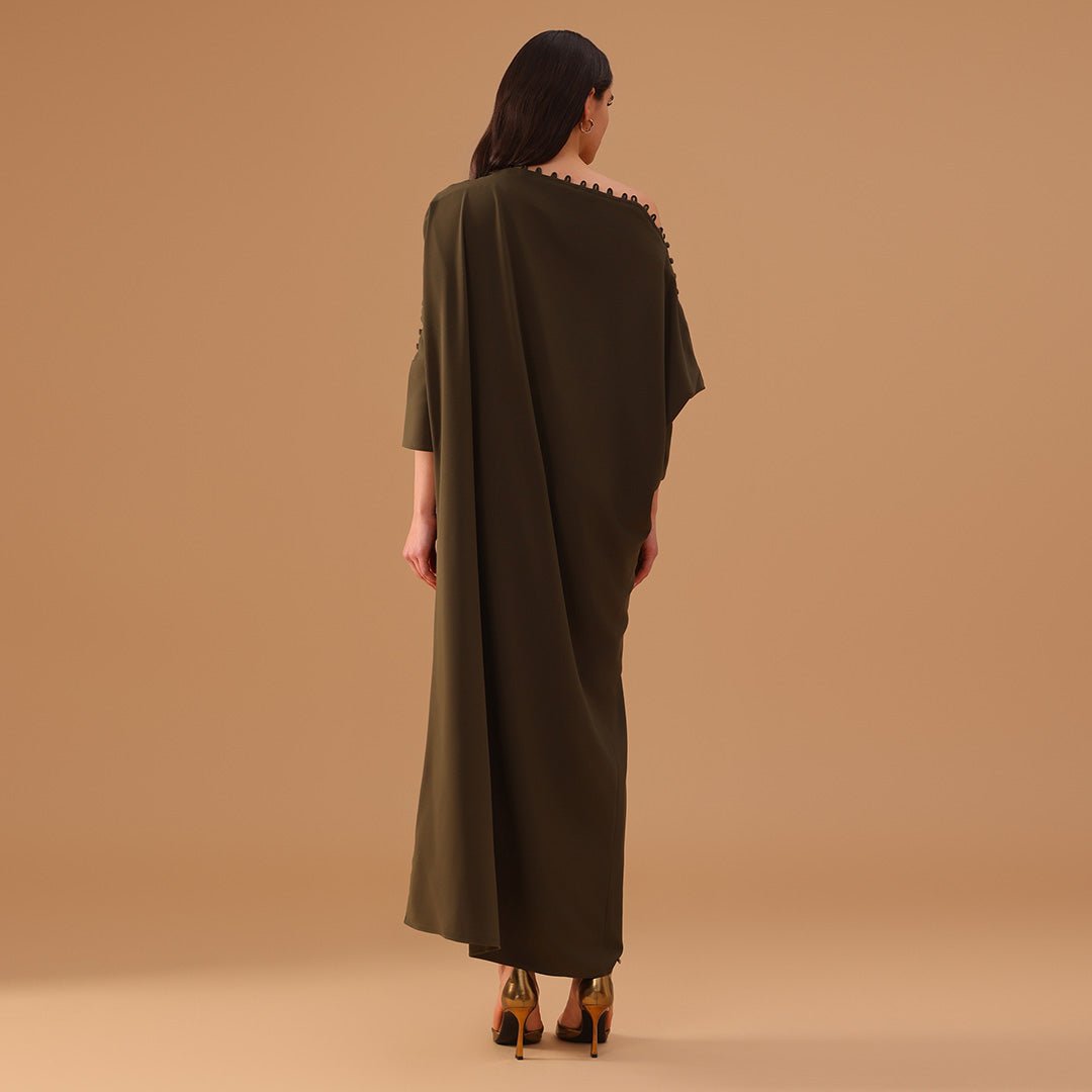 Green Off Shoulder Long Sleeve Crepe Kaftan - shopaleena