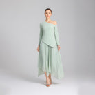 Green One - shoulder Crepe Dress With Pleated Skirt - shopaleena