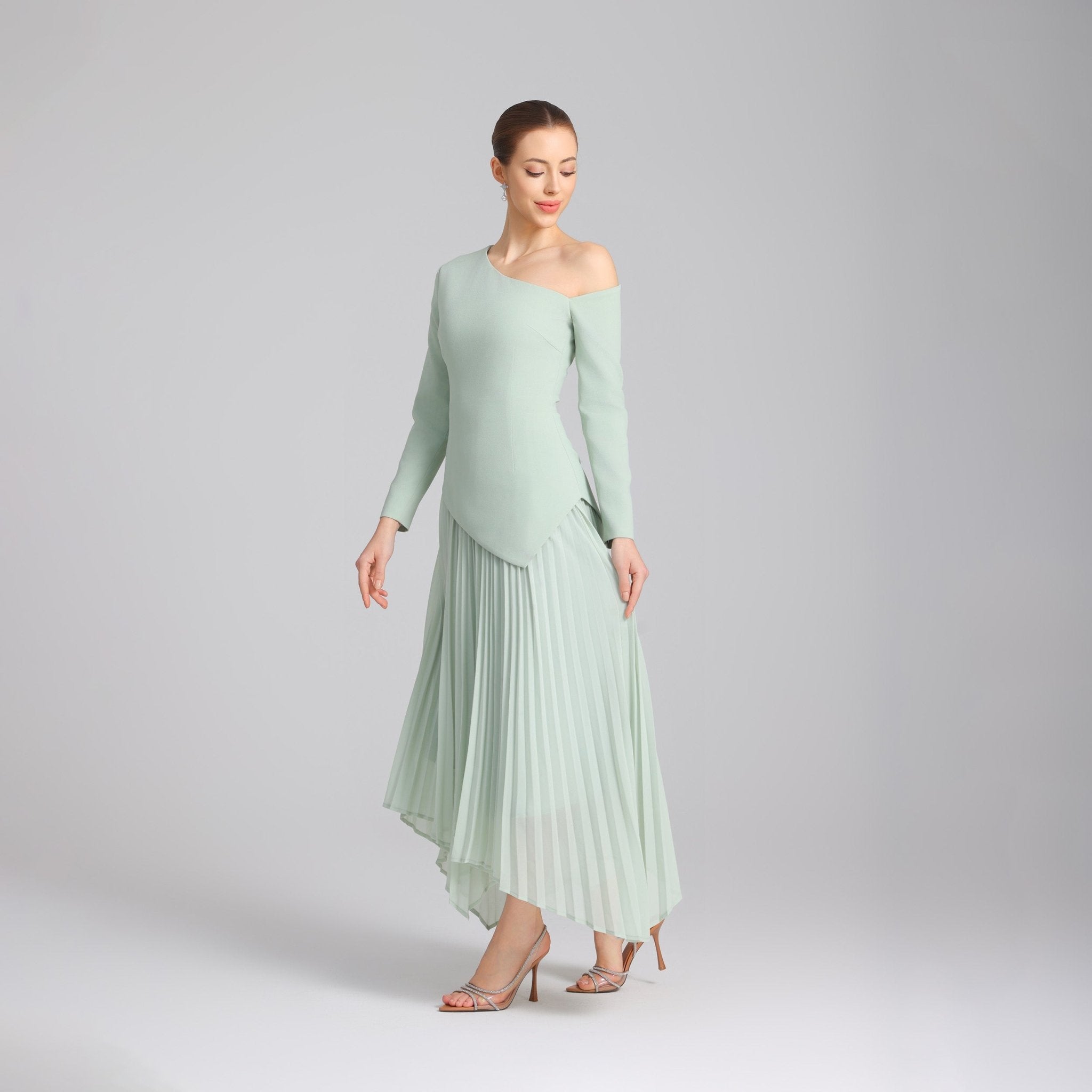 Green One - shoulder Crepe Dress With Pleated Skirt - shopaleena