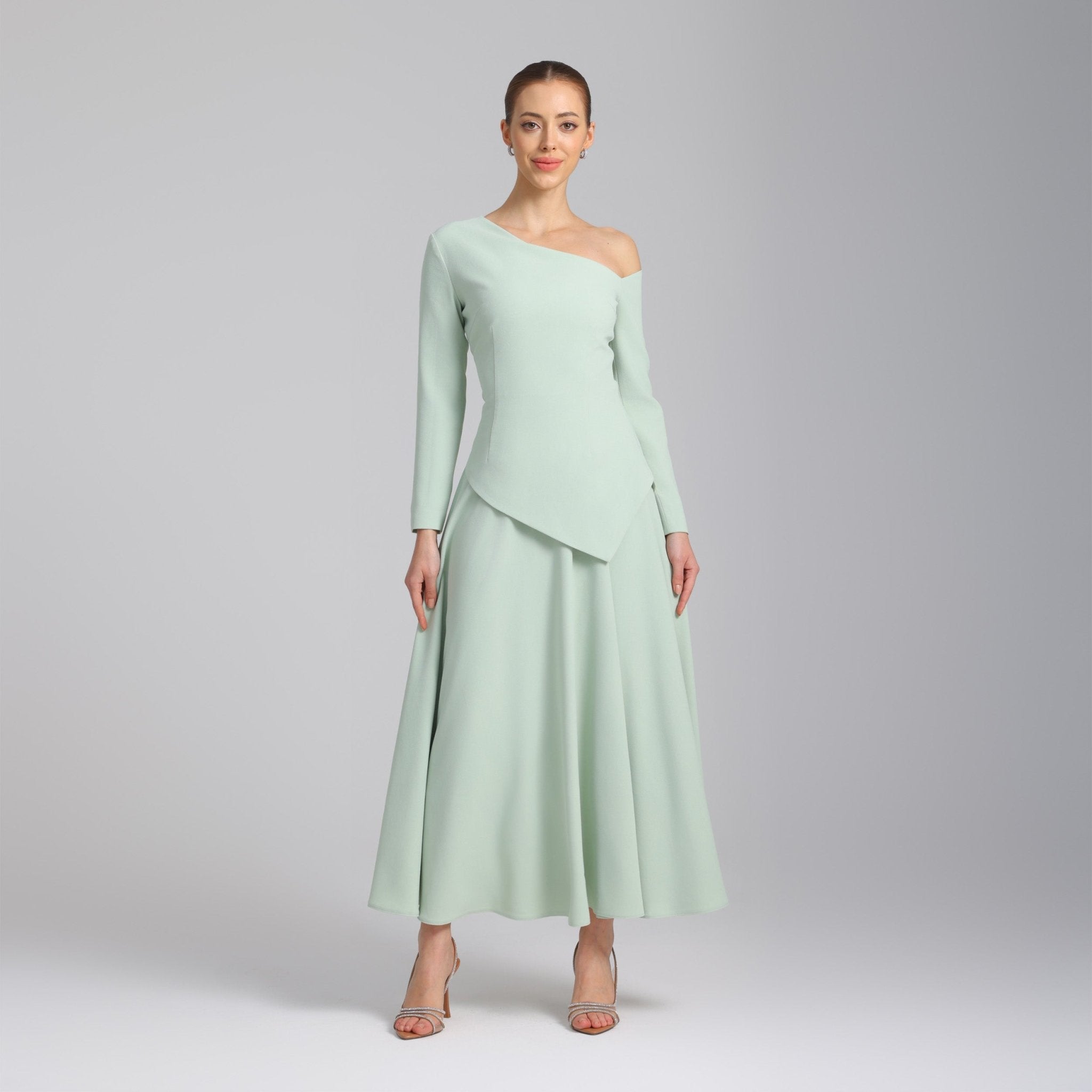 Green One - shoulder Long Sleeve Crepe dress - shopaleena