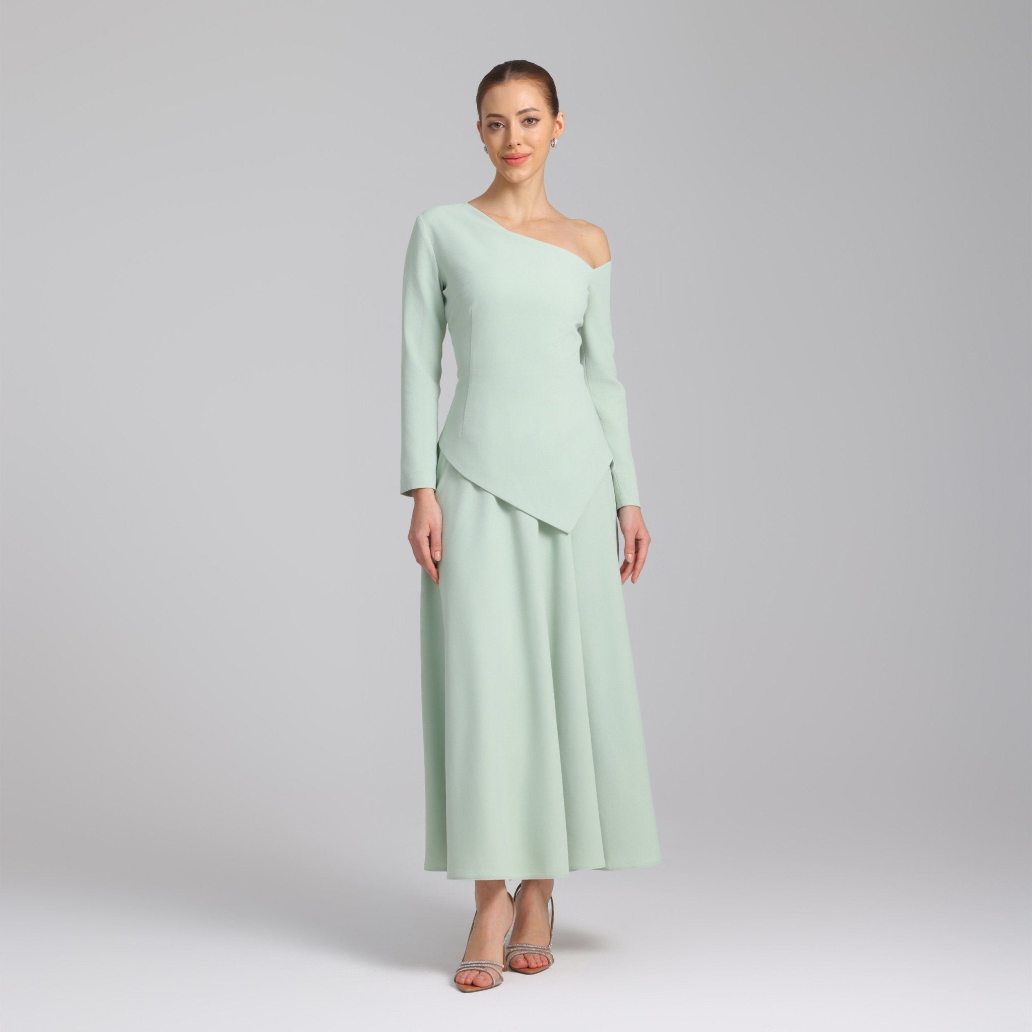 Green One - shoulder Long Sleeve Crepe dress - shopaleena