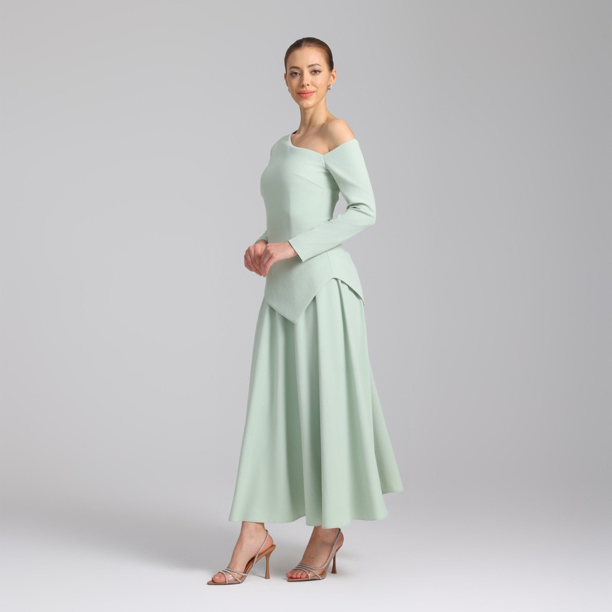 Green One - shoulder Long Sleeve Crepe dress - shopaleena