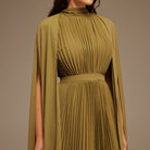 Green Pleated A - line Dress with Cape Sleeves and High Neck Scarf - shopaleena