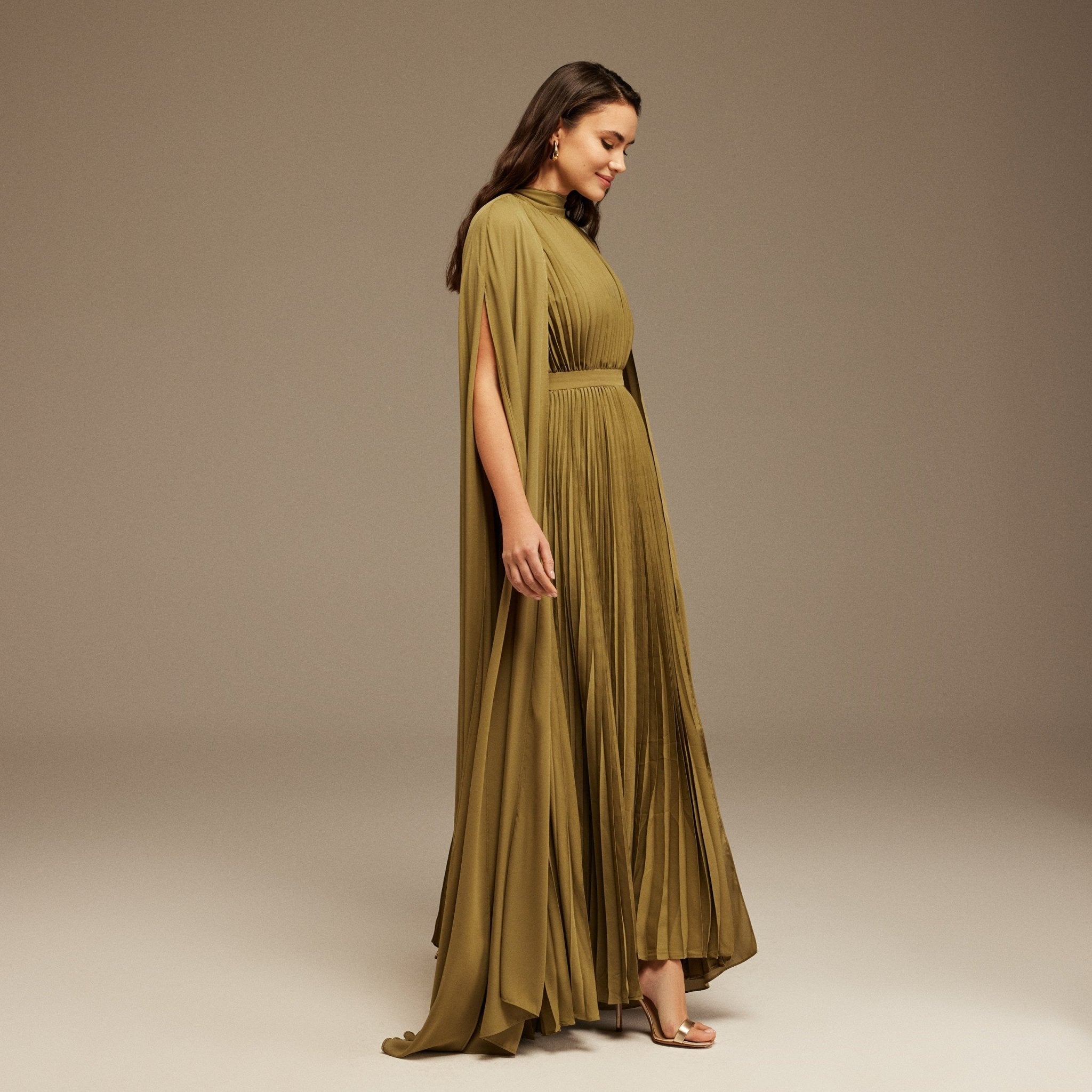 Green Pleated A-line Dress with Cape Sleeves and High Neck Scarf – shopaleena