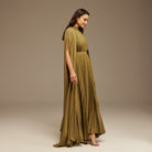 Green Pleated A - line Dress with Cape Sleeves and High Neck Scarf - shopaleena