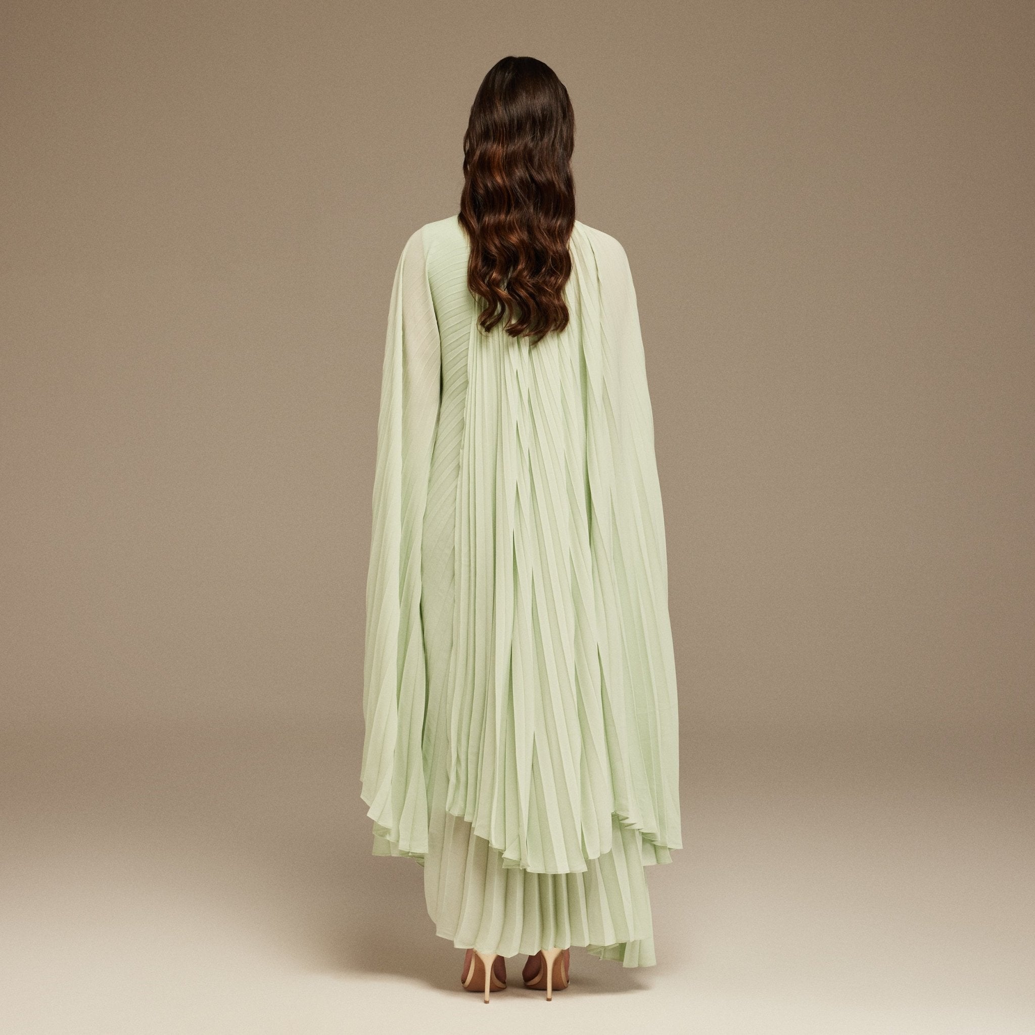 Green Pleated Cape Midi Dress - shopaleena