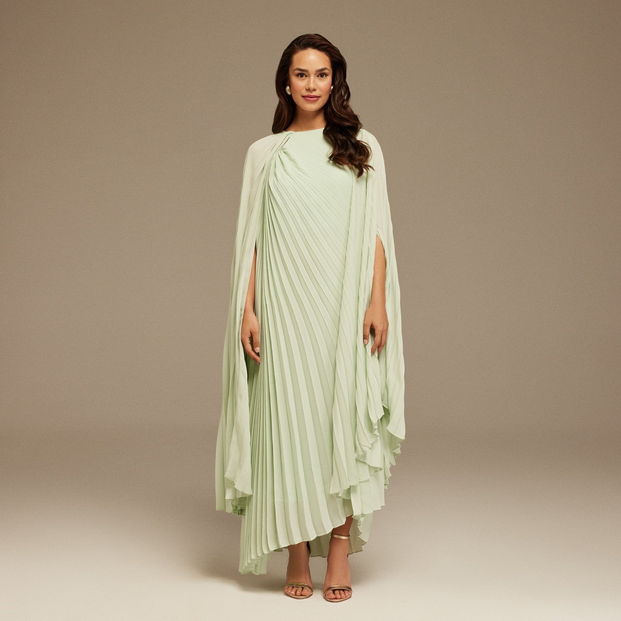 Green Pleated Cape Midi Dress - shopaleena