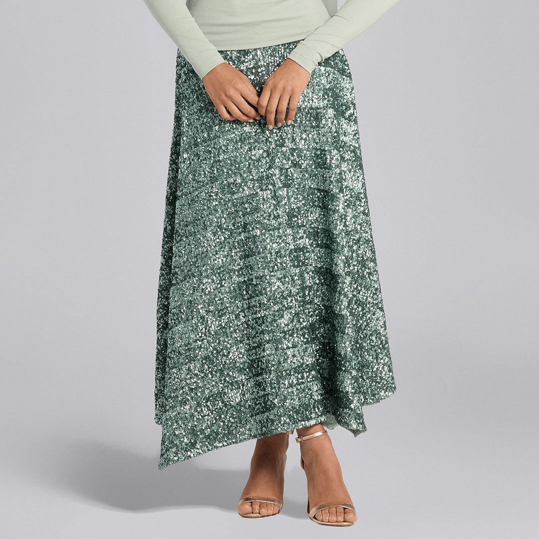 Green Sequin A - Line Flared Skirt - shopaleena