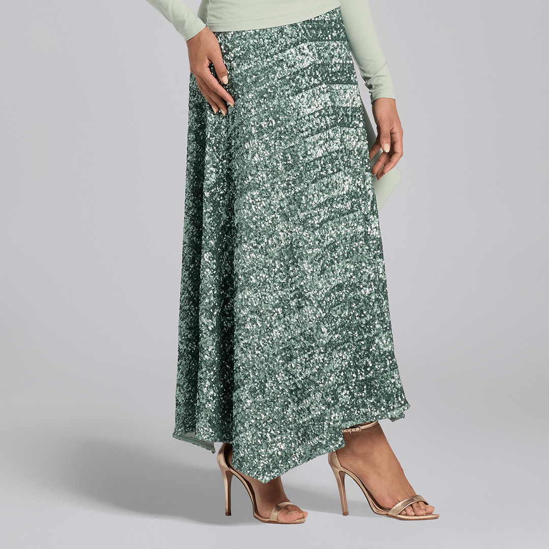 Green Sequin A - Line Flared Skirt - shopaleena