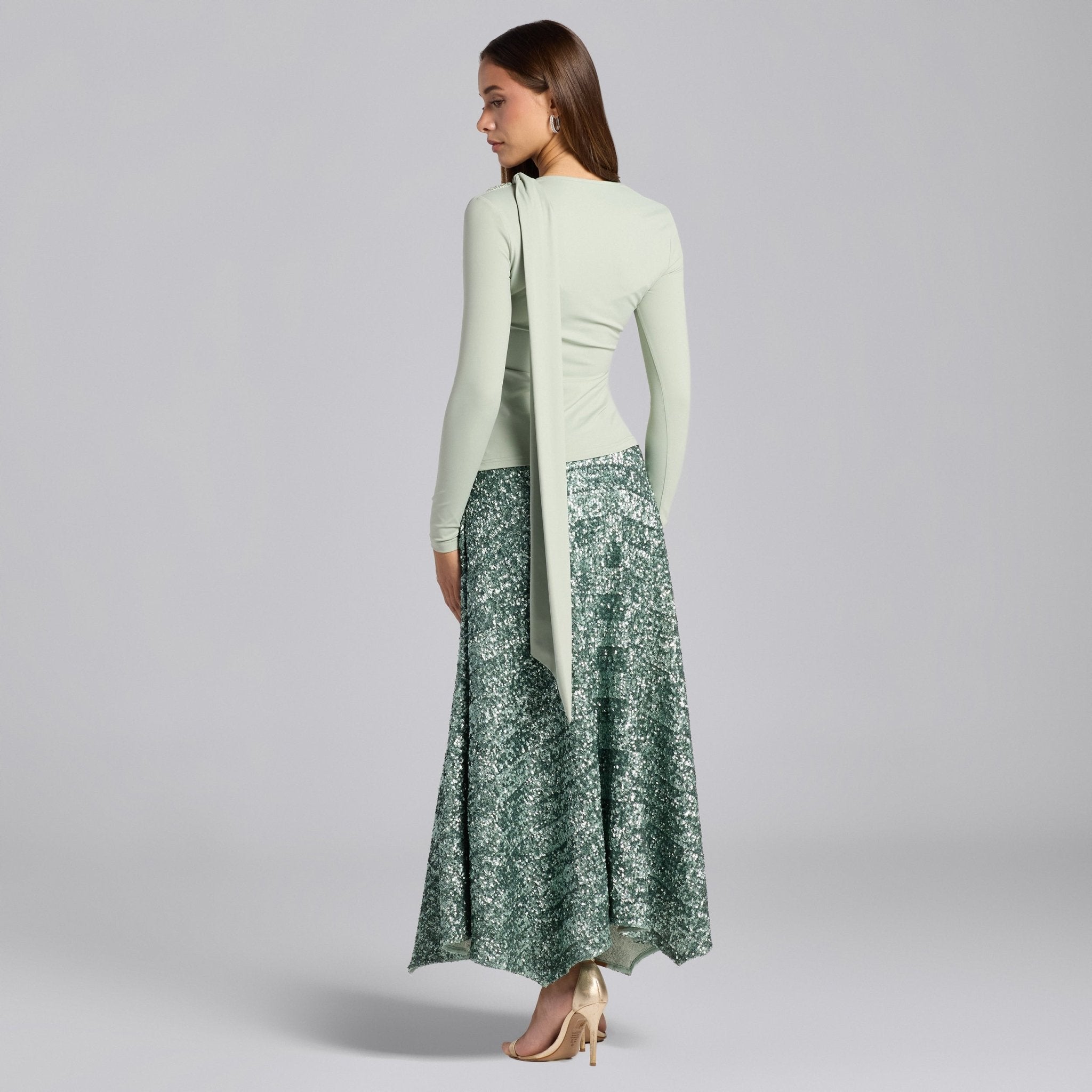 Green Sequin A - Line Flared Skirt - shopaleena