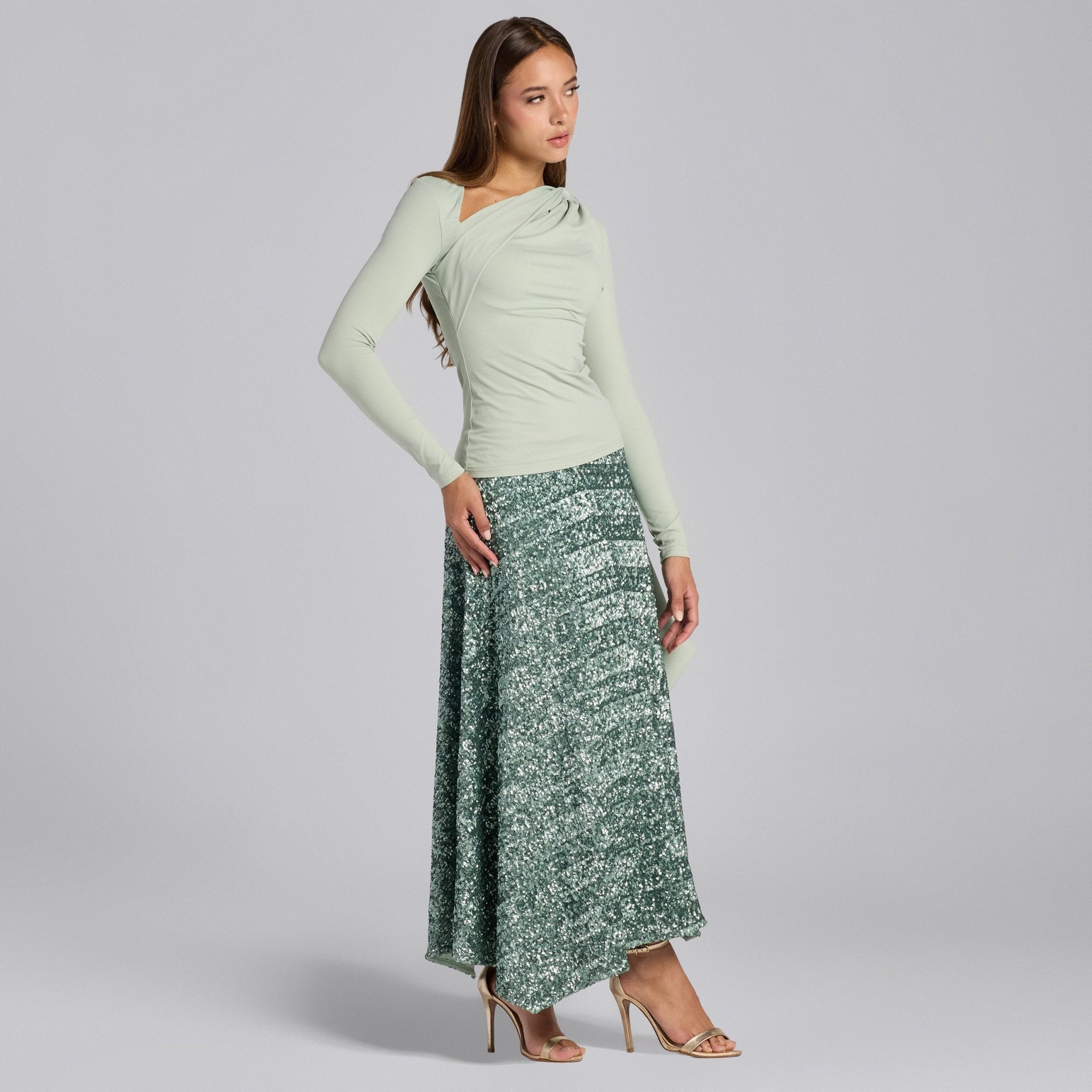 Green Sequin A - Line Flared Skirt - shopaleena