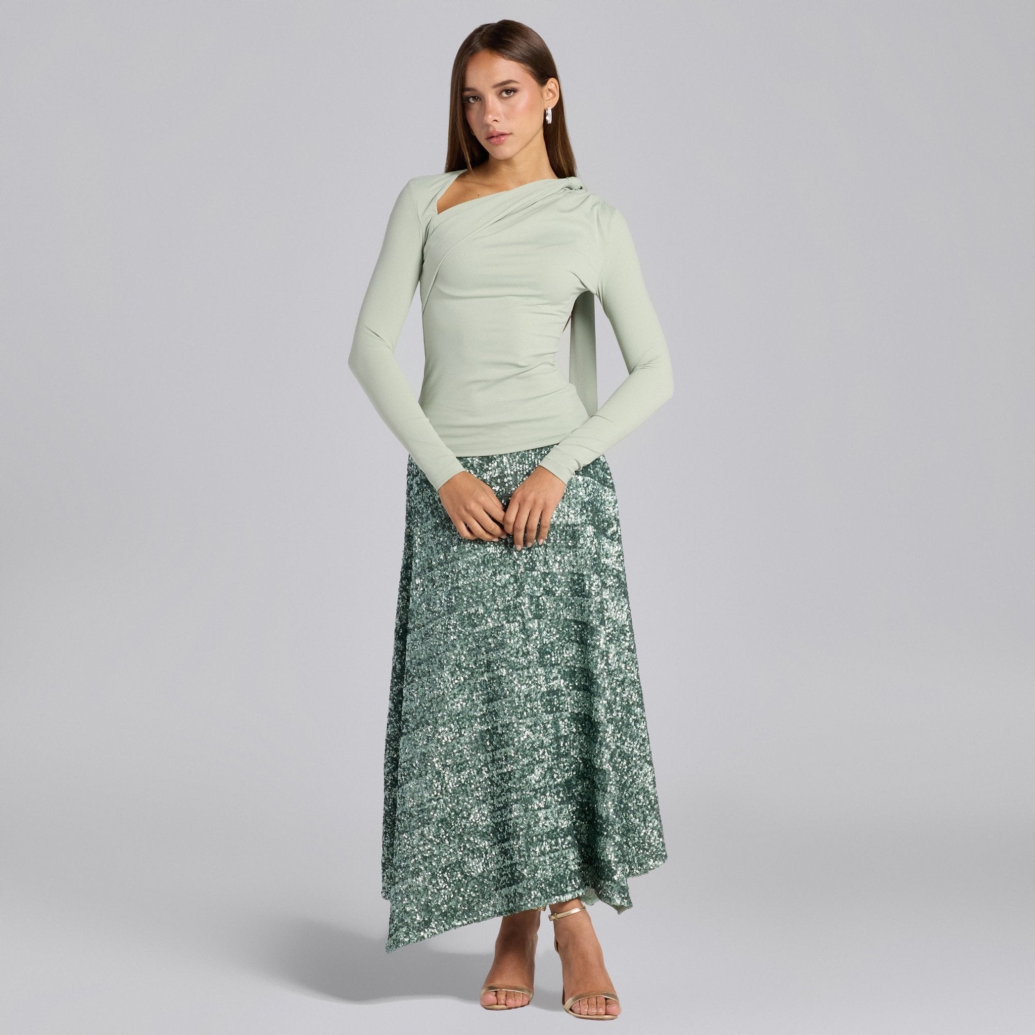 Green Sequin A - Line Flared Skirt - shopaleena