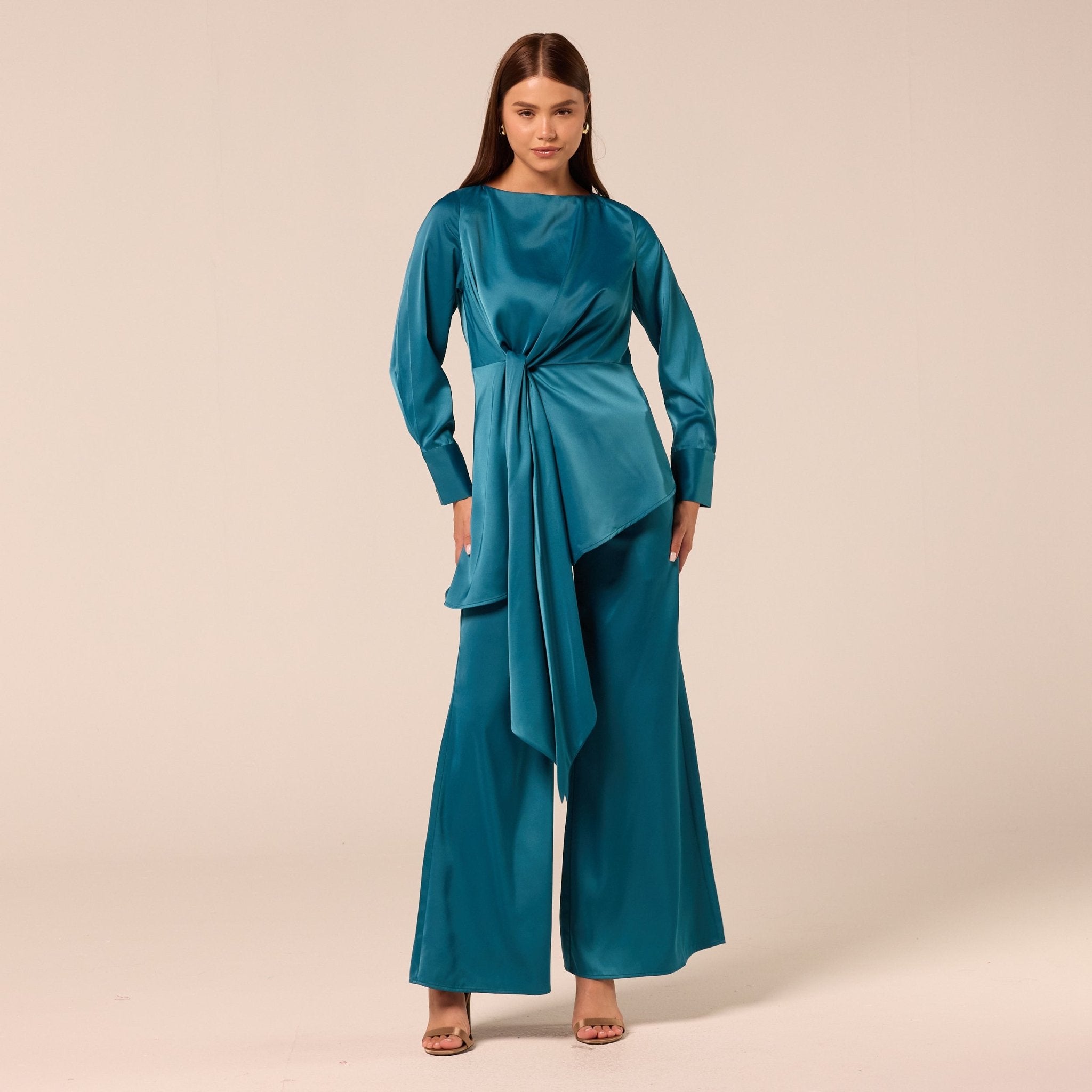 Green Tie-Front Satin Blouse - shopaleena