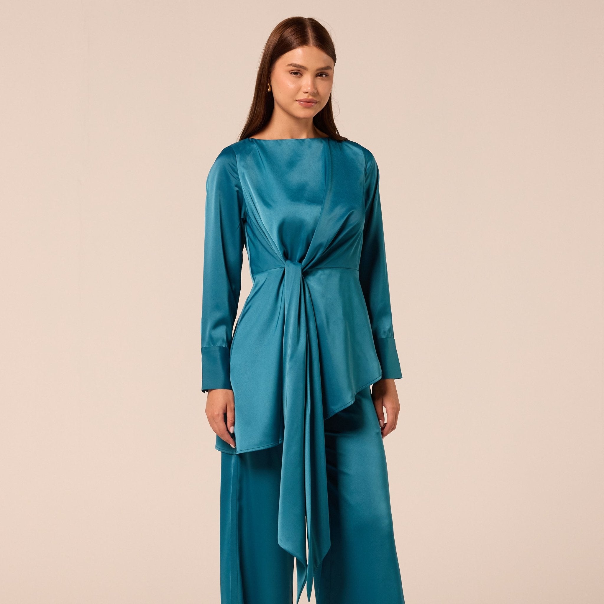 Green Tie-Front Satin Blouse - shopaleena
