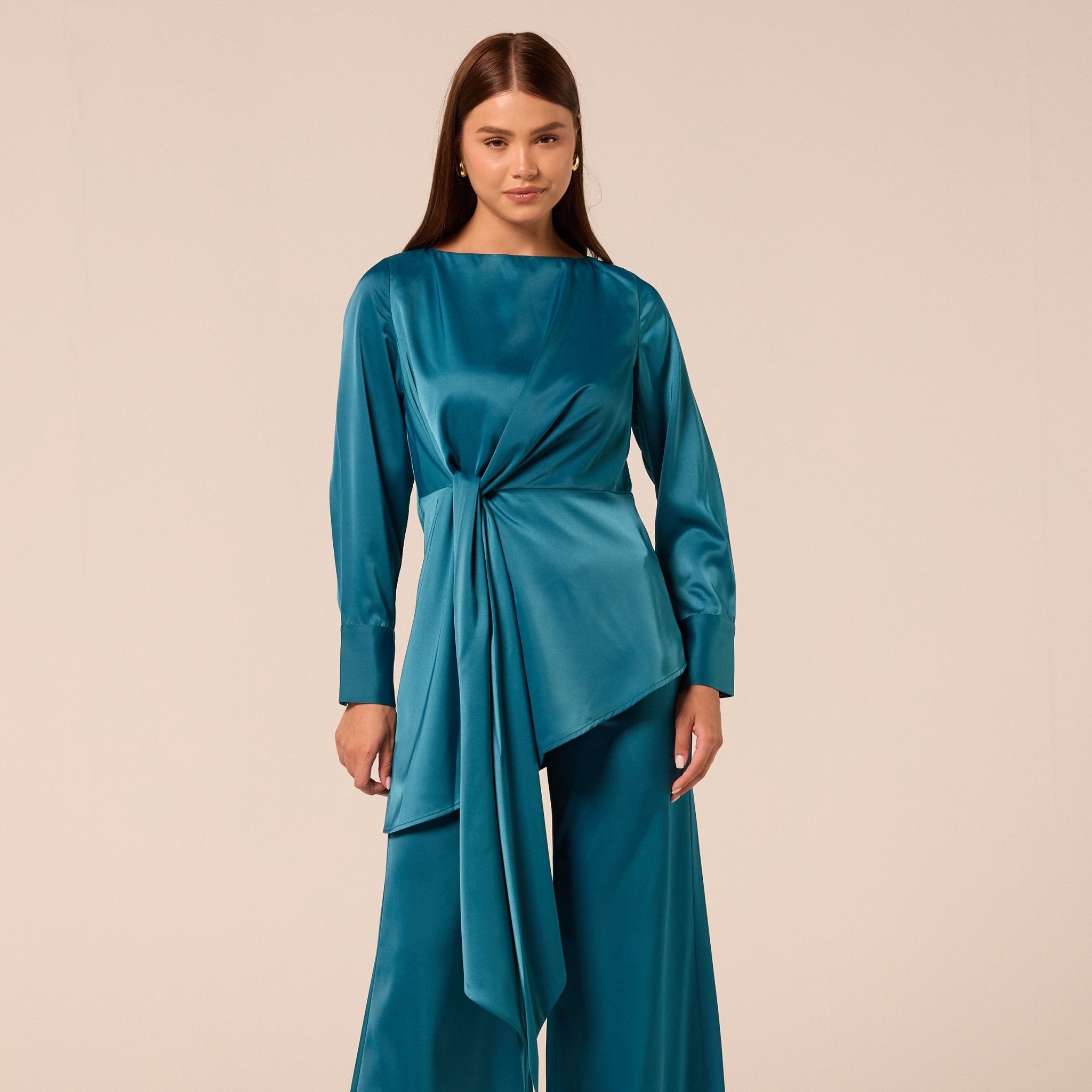 Green Tie-Front Satin Blouse - shopaleena