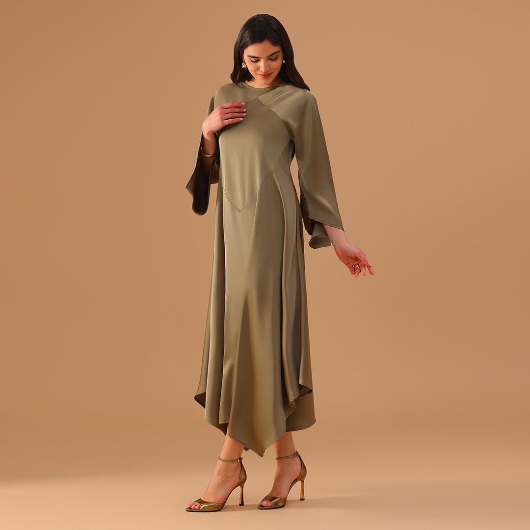 Green Two - Tone Cape Dress with Asymmetrical Hem - shopaleena