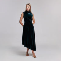 Green Velvet Midi Dress With Asymmetric Skirt - shopaleena