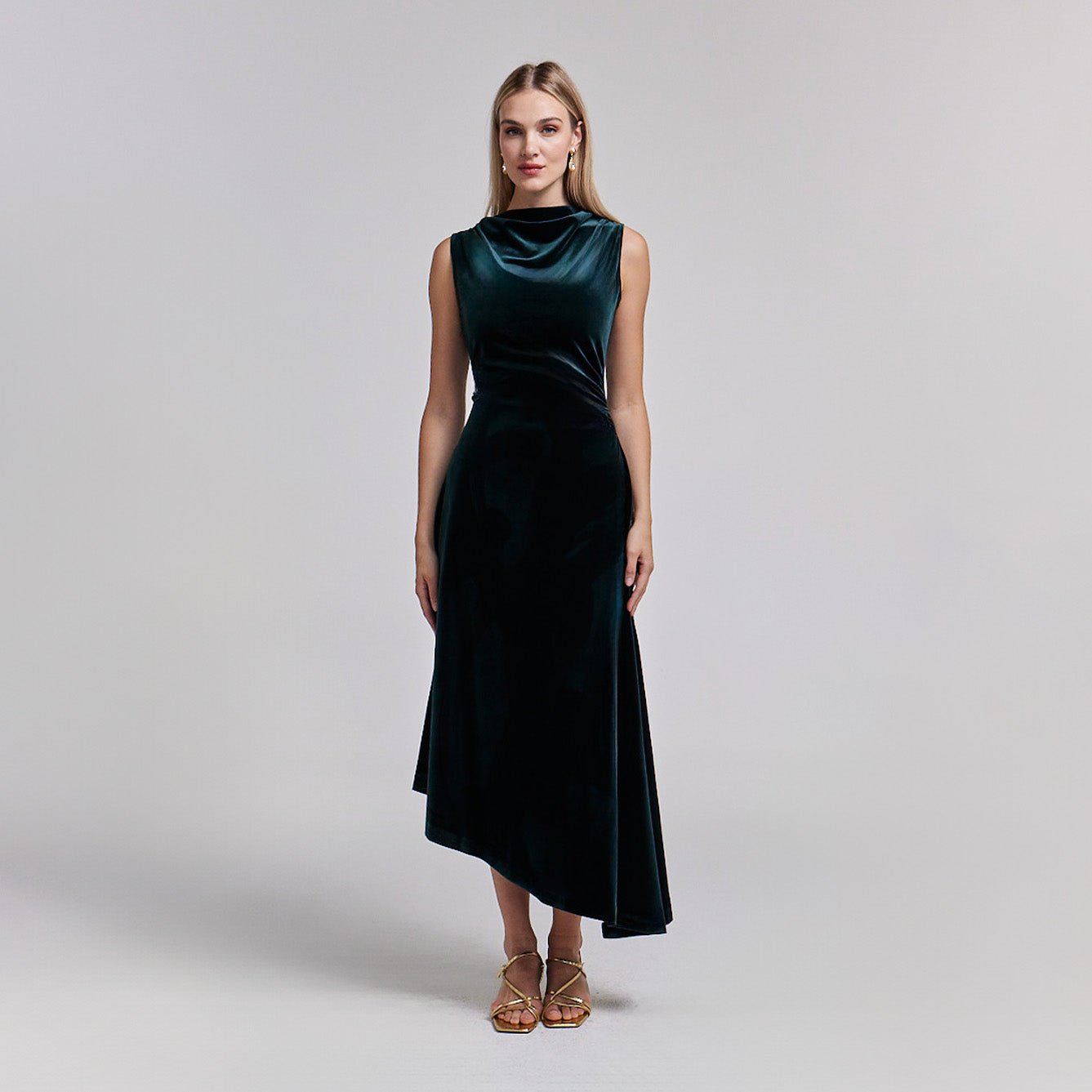 Green Velvet Midi Dress With Asymmetric Skirt - shopaleena