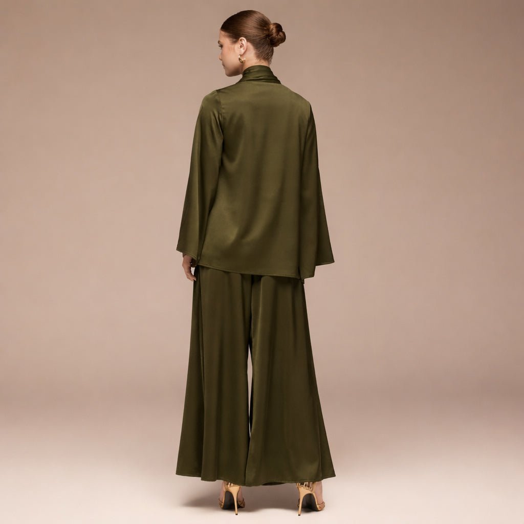 Green Wide Leg Satin Pants - shopaleena