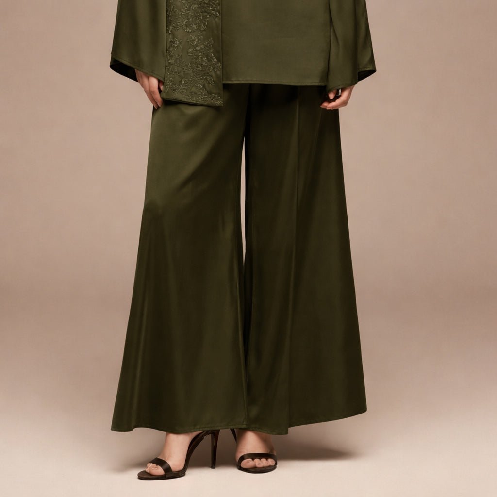 Green Wide Leg Satin Pants - shopaleena