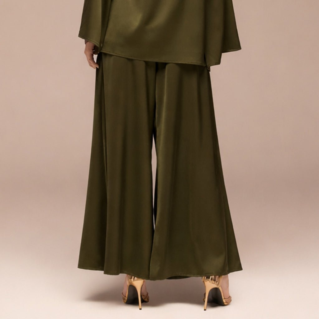 Green Wide Leg Satin Pants - shopaleena