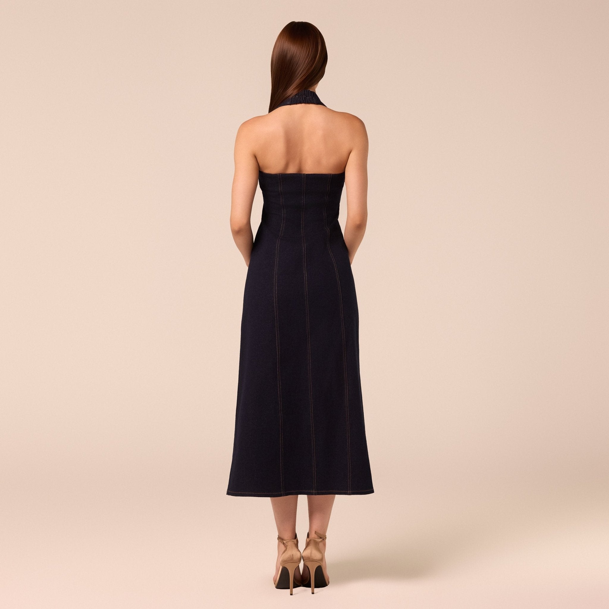 Halter Neck Denim Dress with Gold Buttons - shopaleena