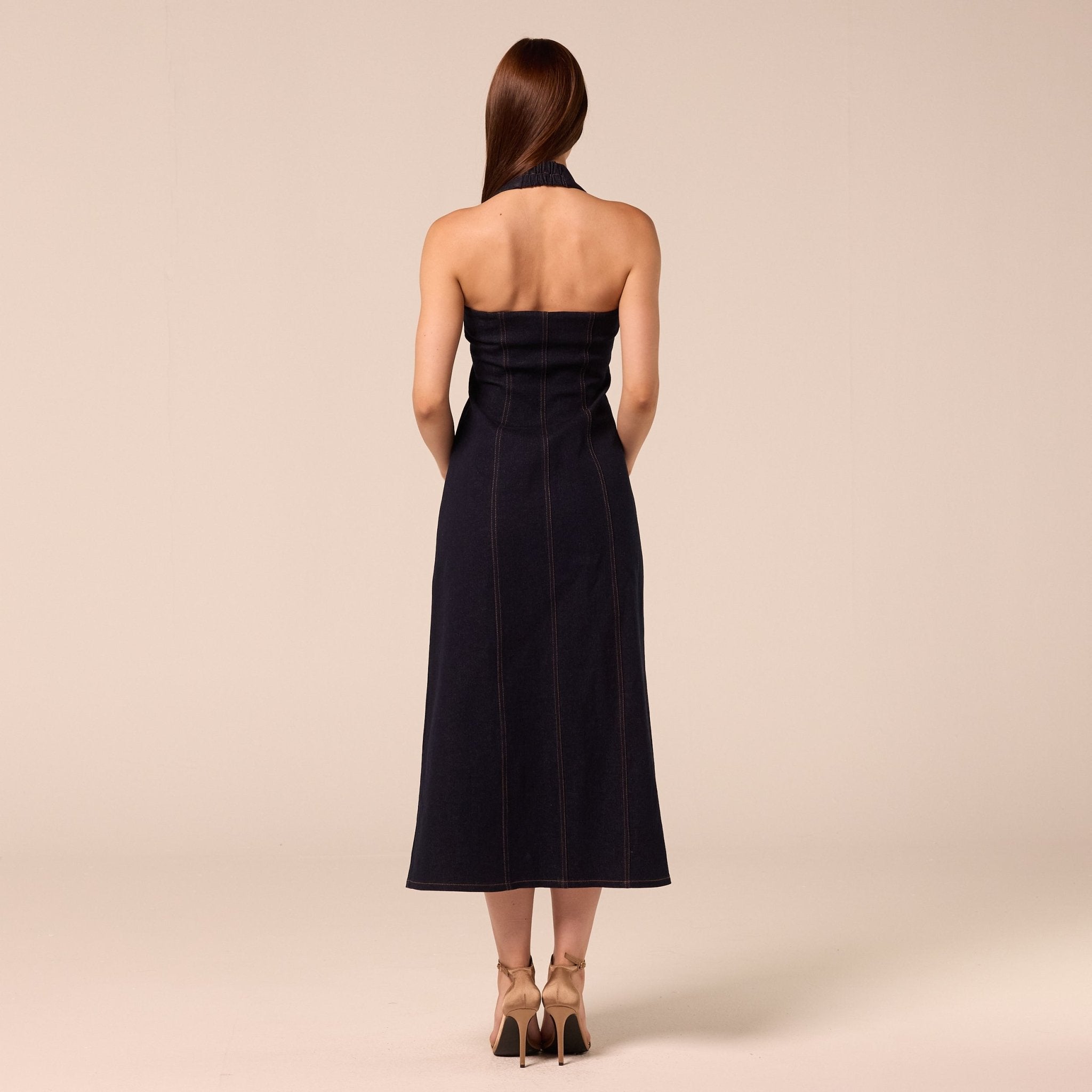 Halter Neck Denim Dress with Gold Buttons - shopaleena