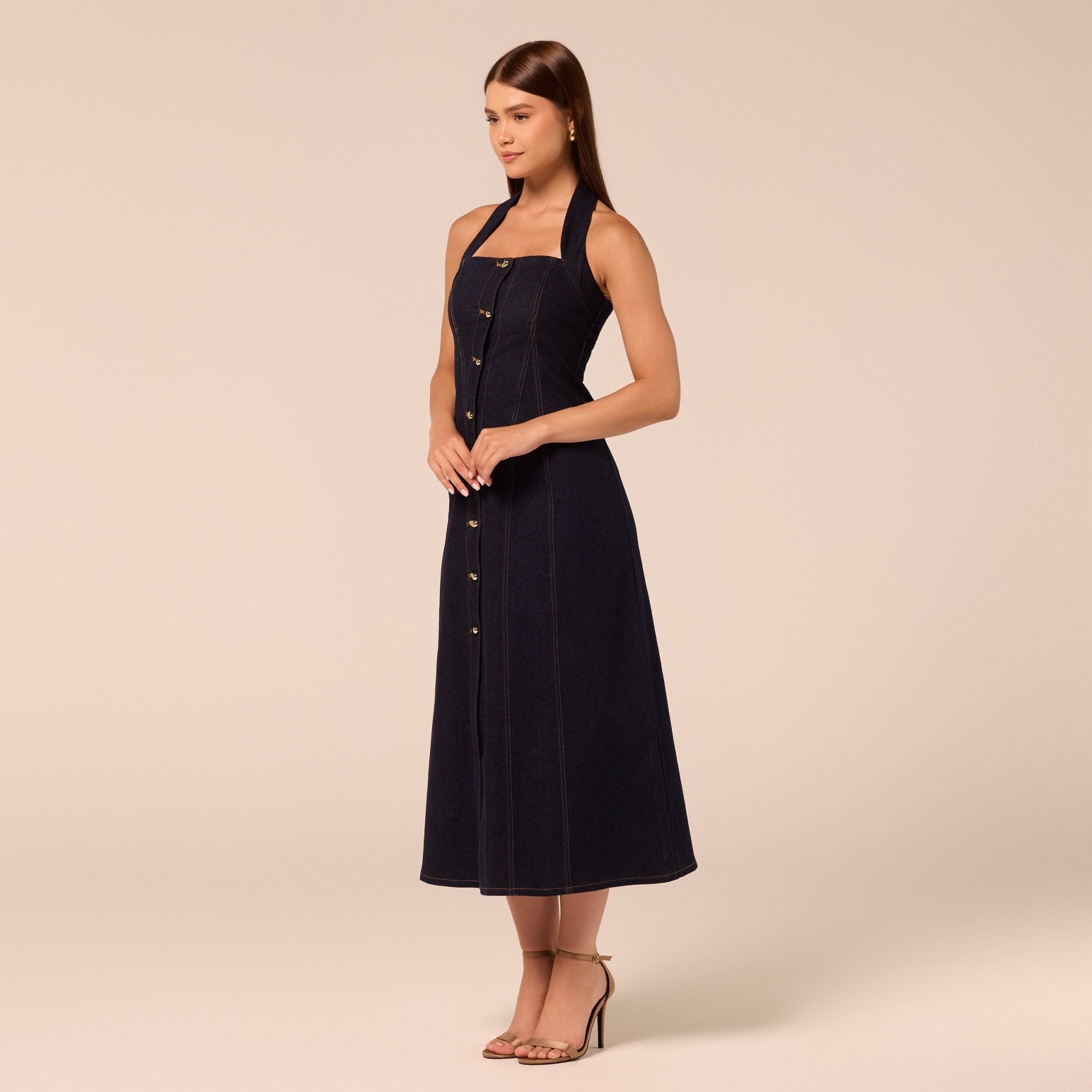 Halter Neck Denim Dress with Gold Buttons - shopaleena