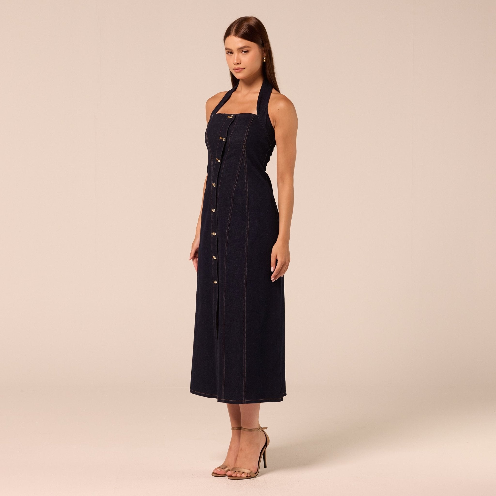 Halter Neck Denim Dress with Gold Buttons - shopaleena