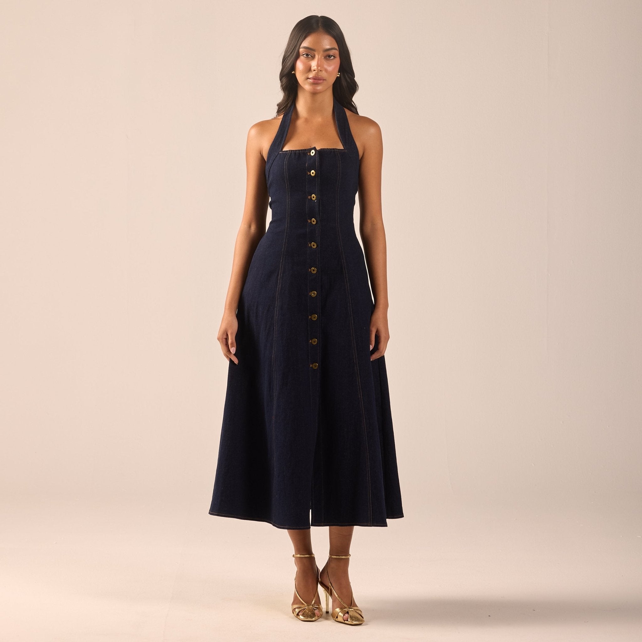 Halter Neck Denim Maxi Dress - shopaleena