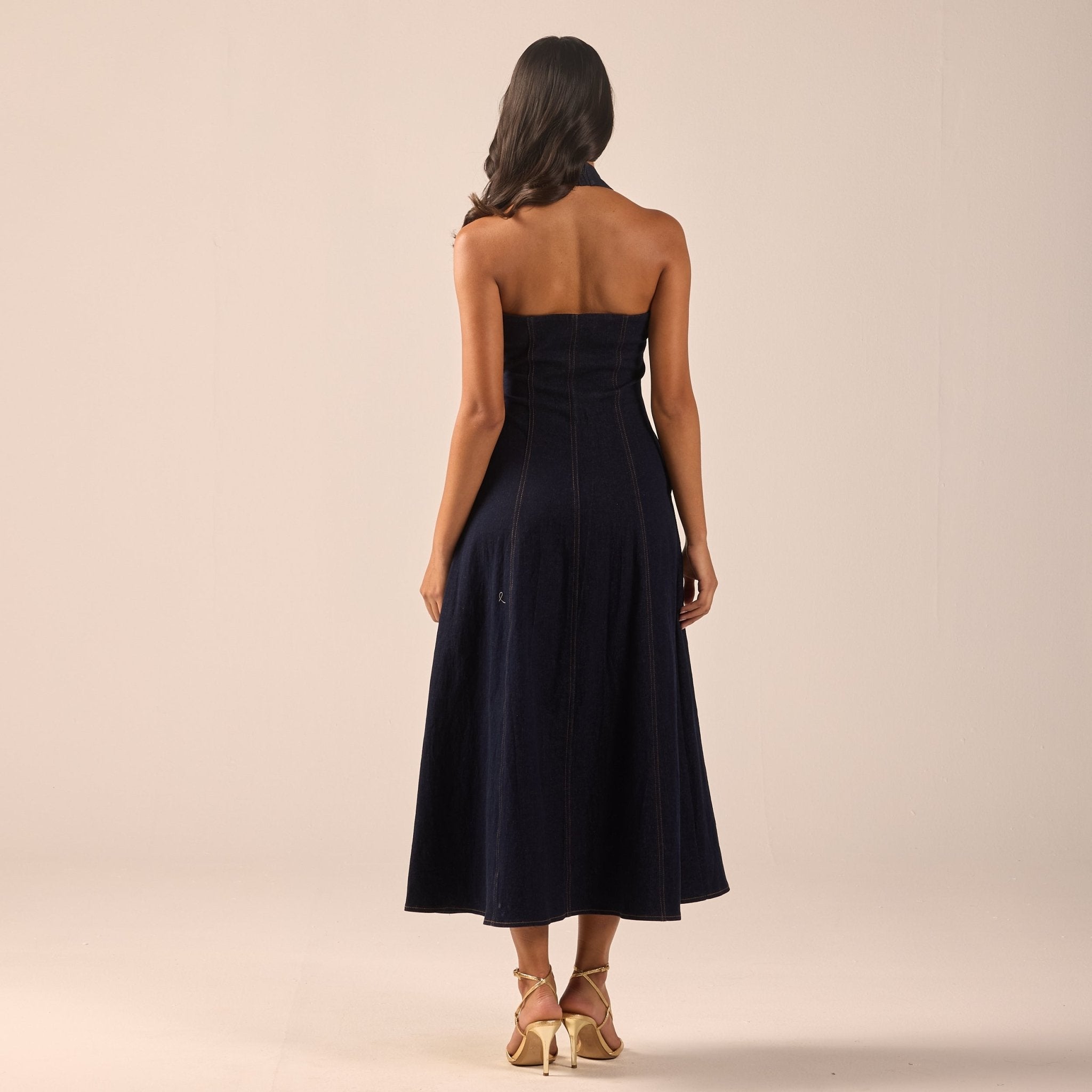 Halter Neck Denim Maxi Dress - shopaleena