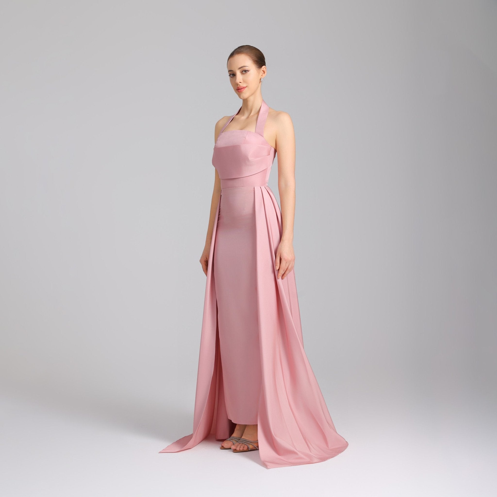 Halter Neck taffeta Maxi Dress Light Pink - shopaleena