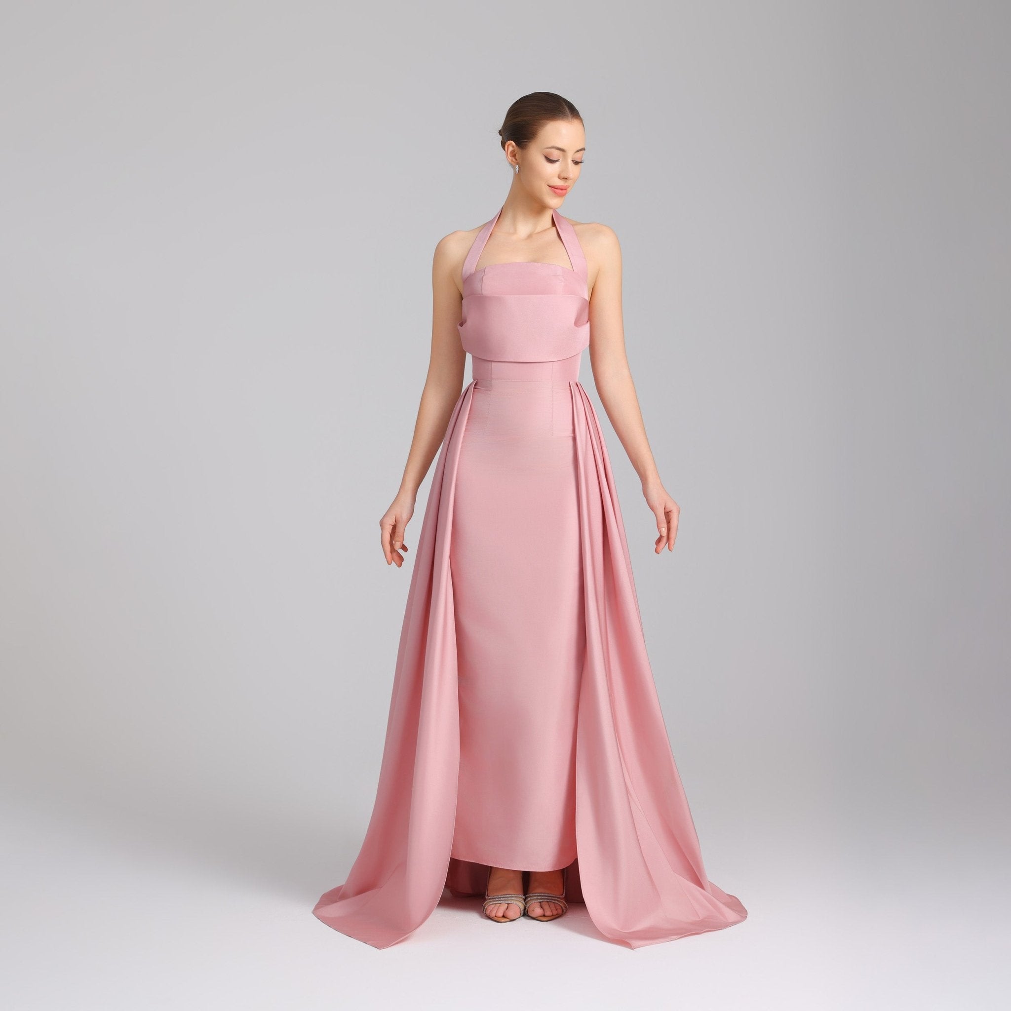 Halter Neck taffeta Maxi Dress Light Pink - shopaleena