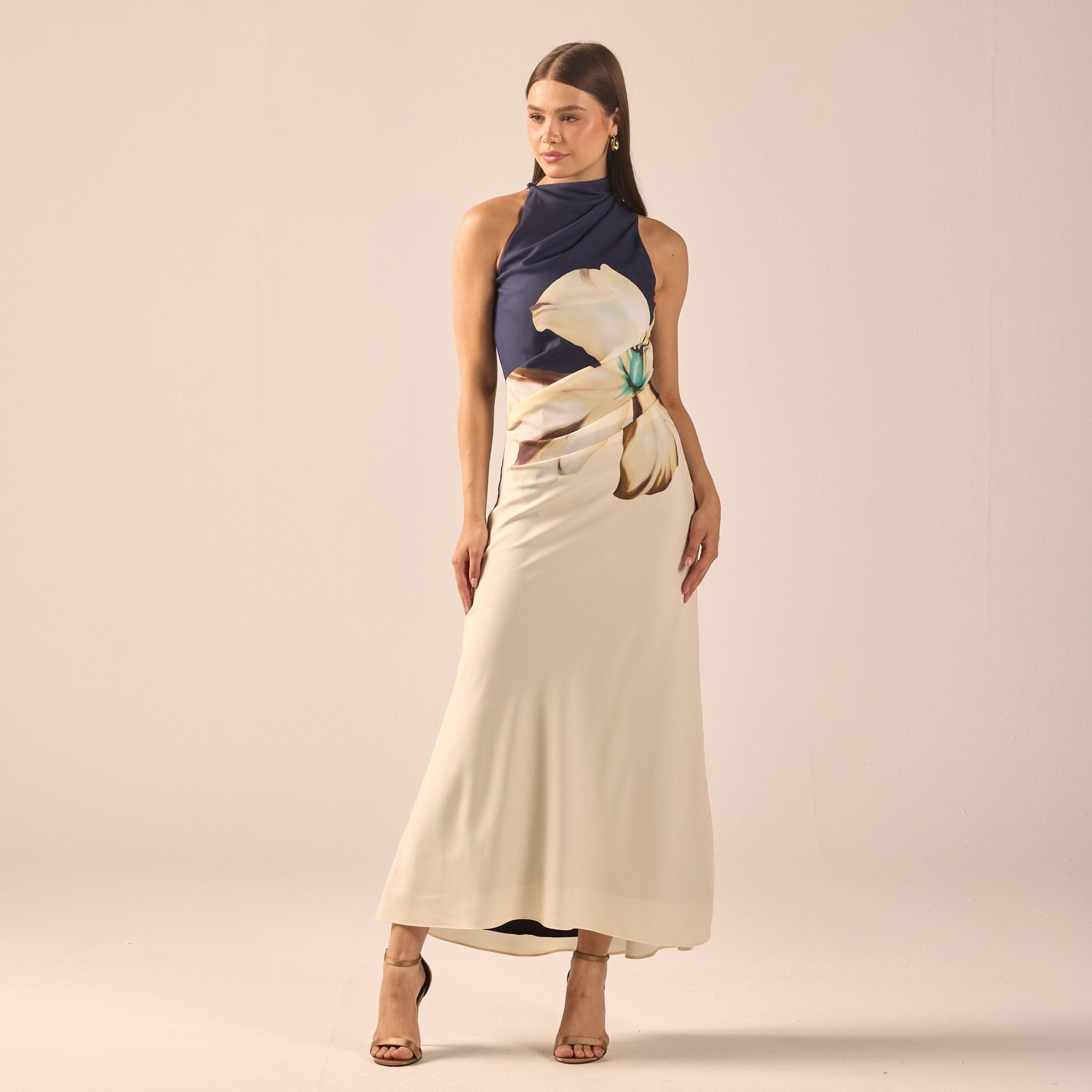 High Neck Floral Satin Maxi Dress - shopaleena