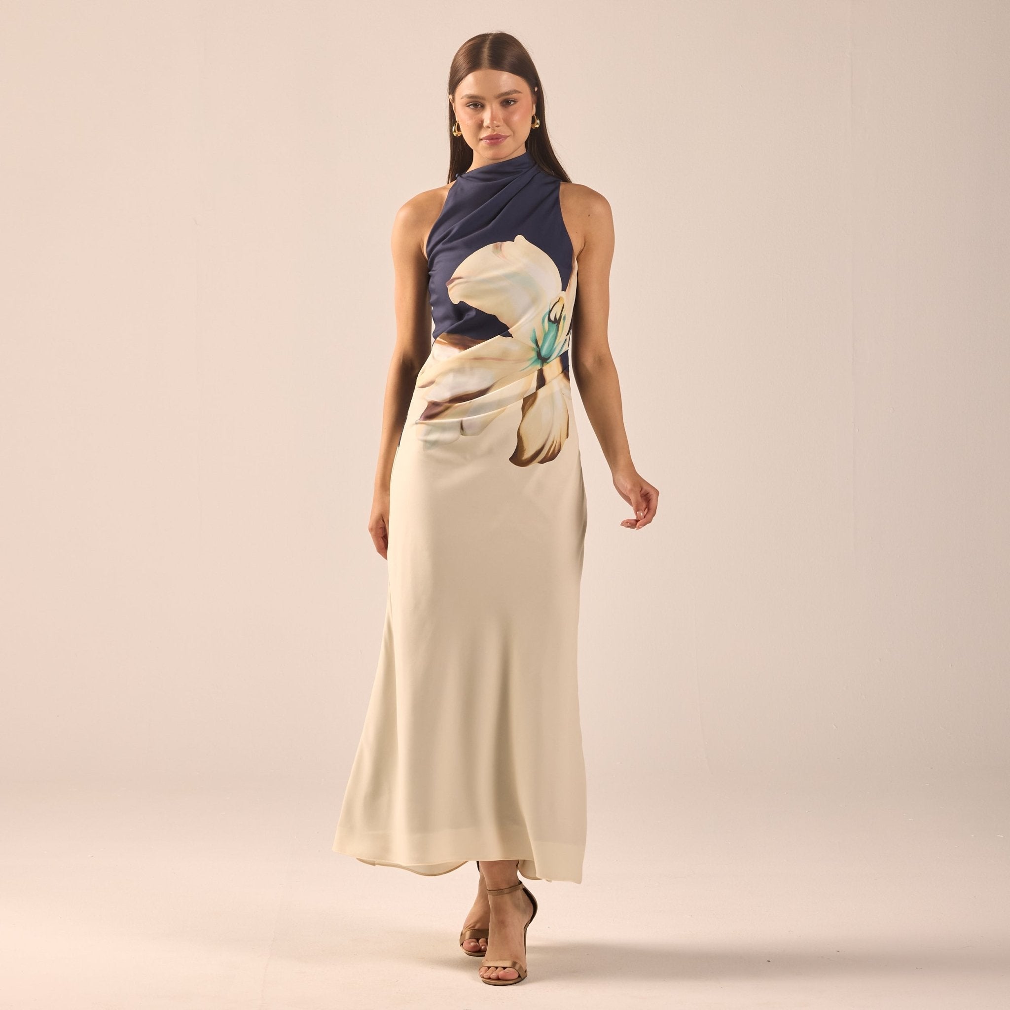 High Neck Floral Satin Maxi Dress - shopaleena