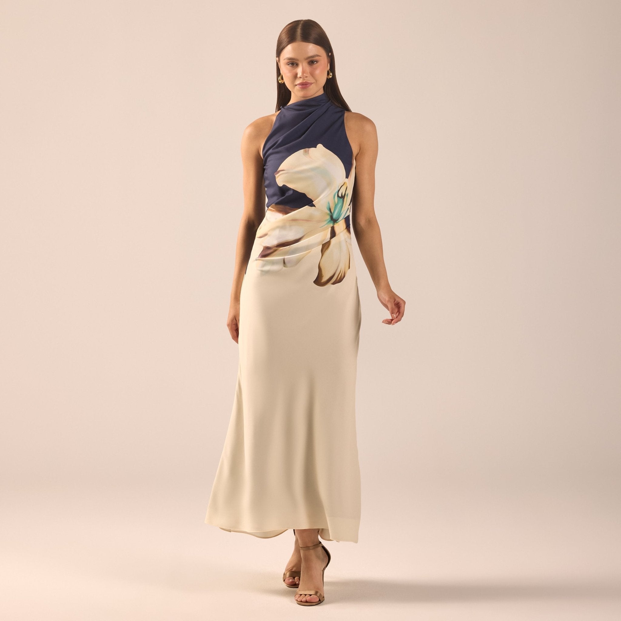 High Neck Floral Satin Maxi Dress - shopaleena