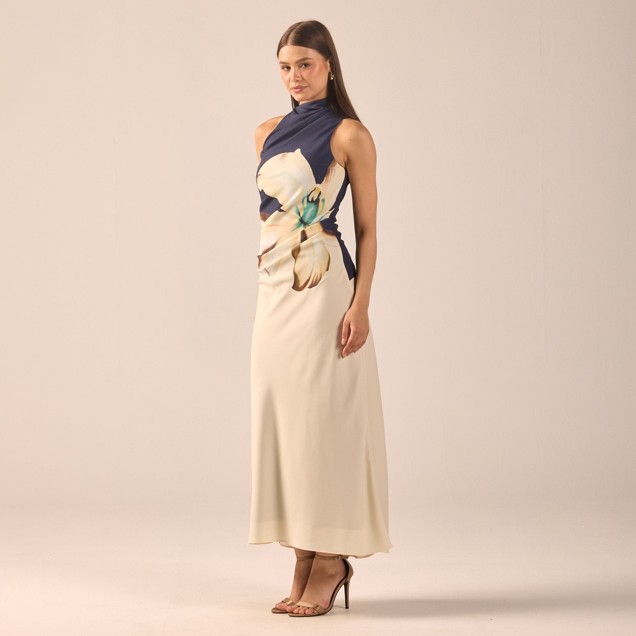 High Neck Floral Satin Maxi Dress - shopaleena