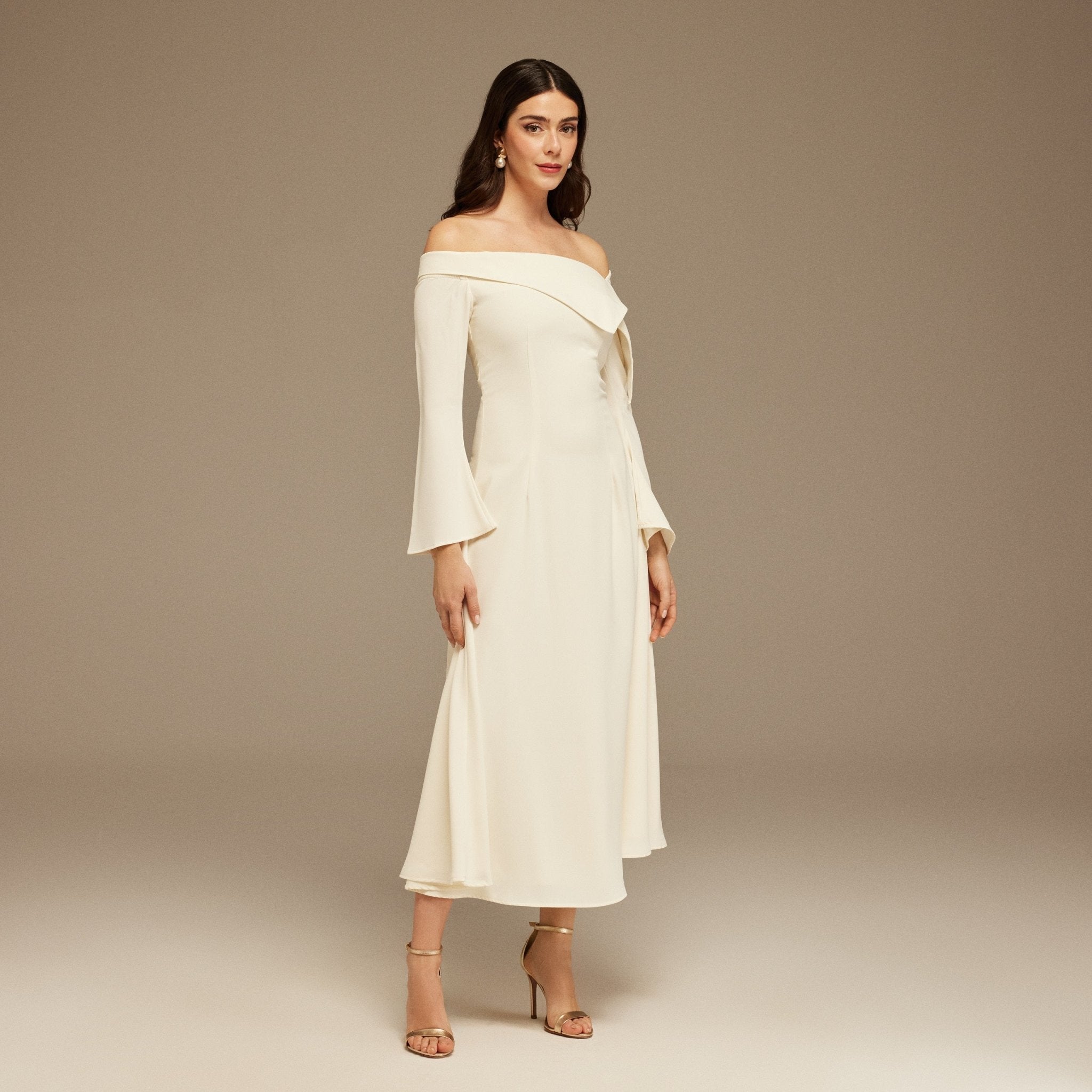 Ivory Asymmetric folded neckline A - line Midi Dress - shopaleena