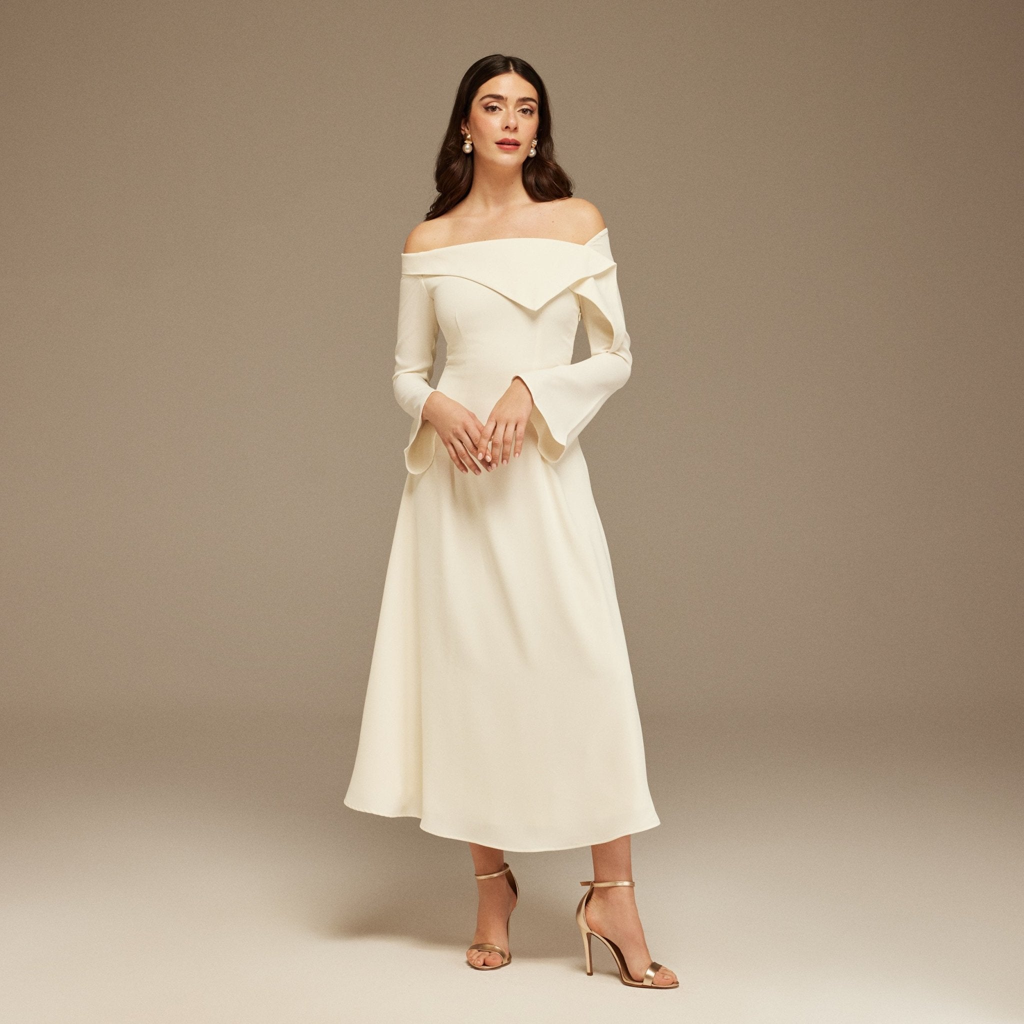 Ivory Asymmetric folded neckline A - line Midi Dress - shopaleena