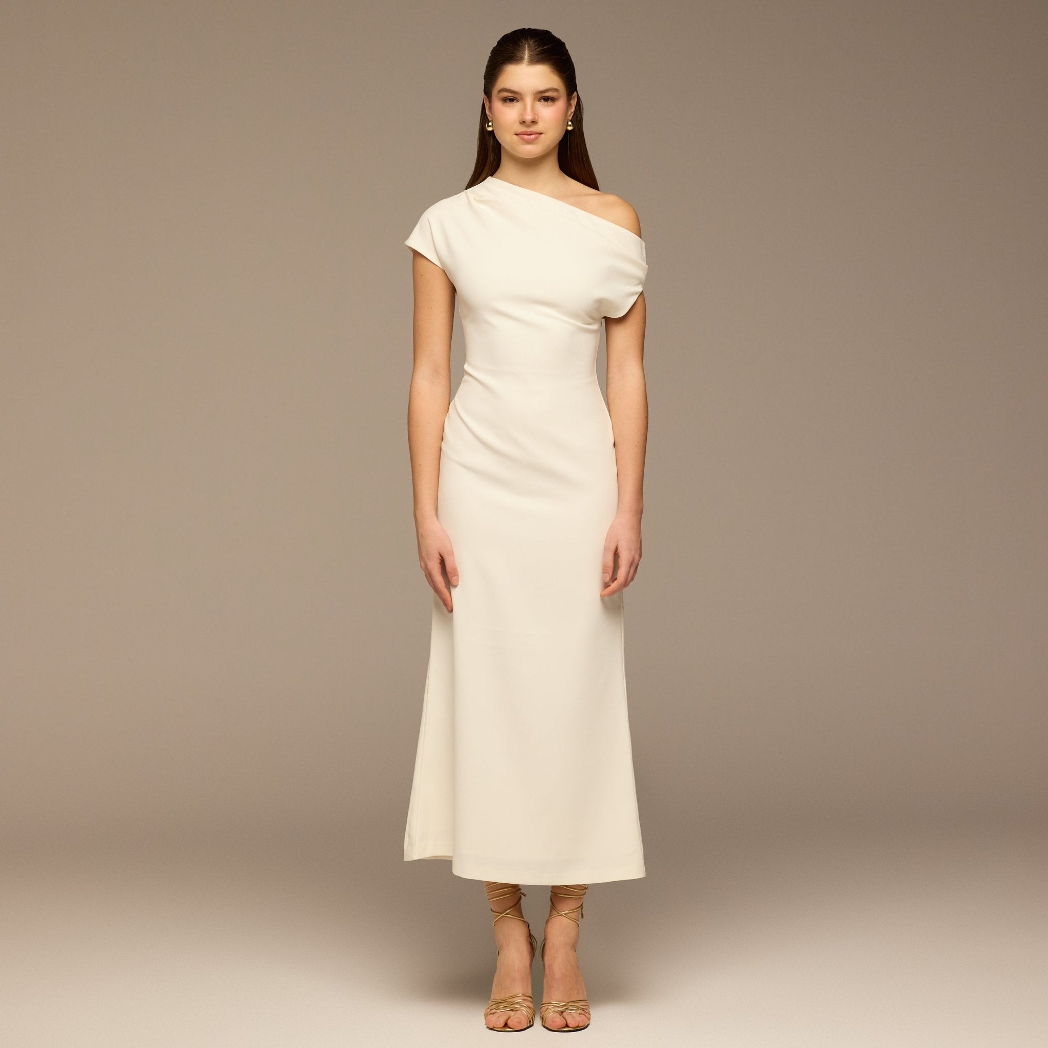 Ivory Asymmetric Sleeve Crepe Dress - shopaleena
