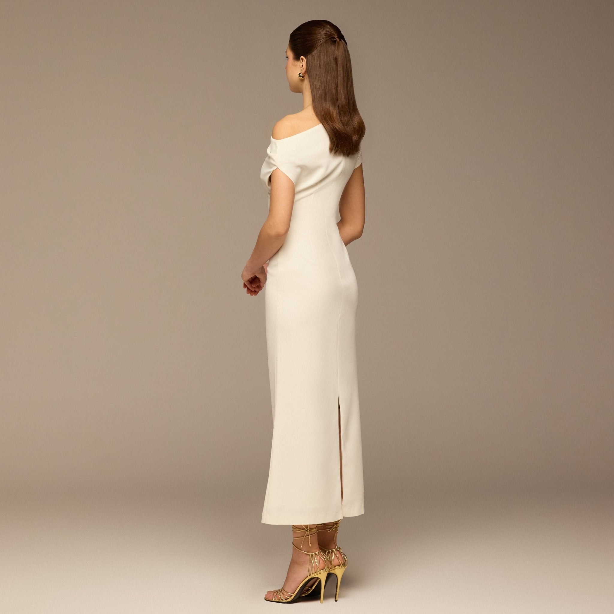 Ivory Asymmetric Sleeve Crepe Dress - shopaleena