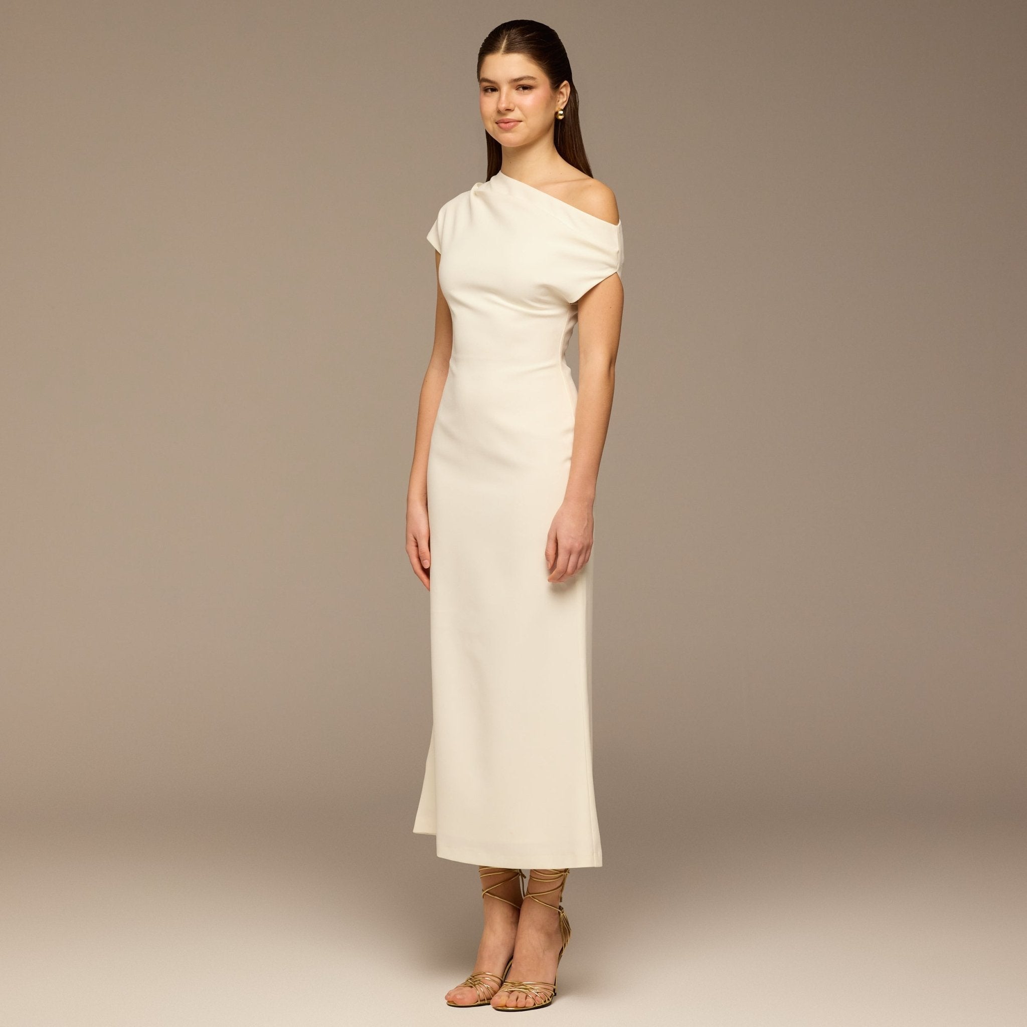 Ivory Asymmetric Sleeve Crepe Dress - shopaleena