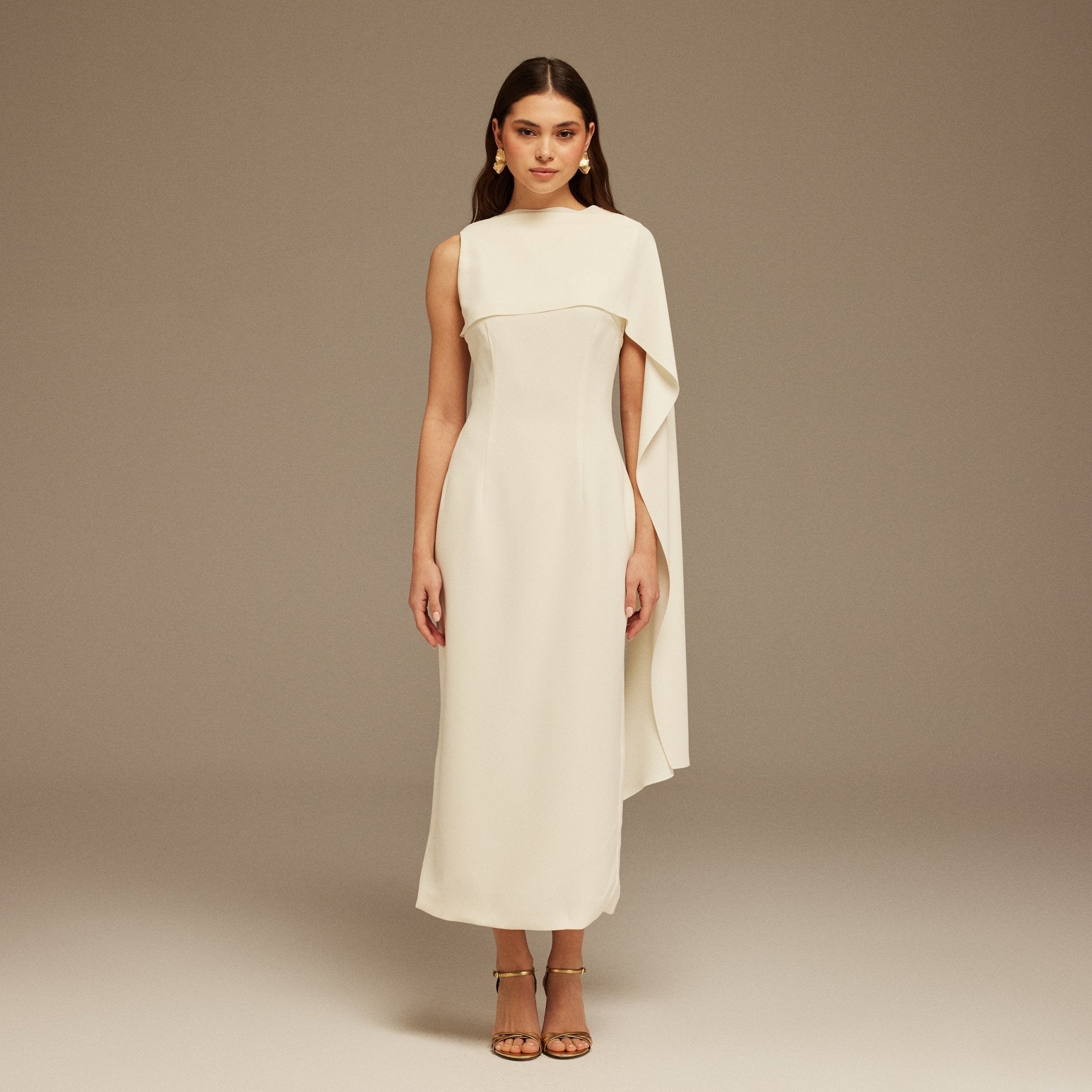 Ivory Asymmetrical Back Draped Maxi Dress - shopaleena