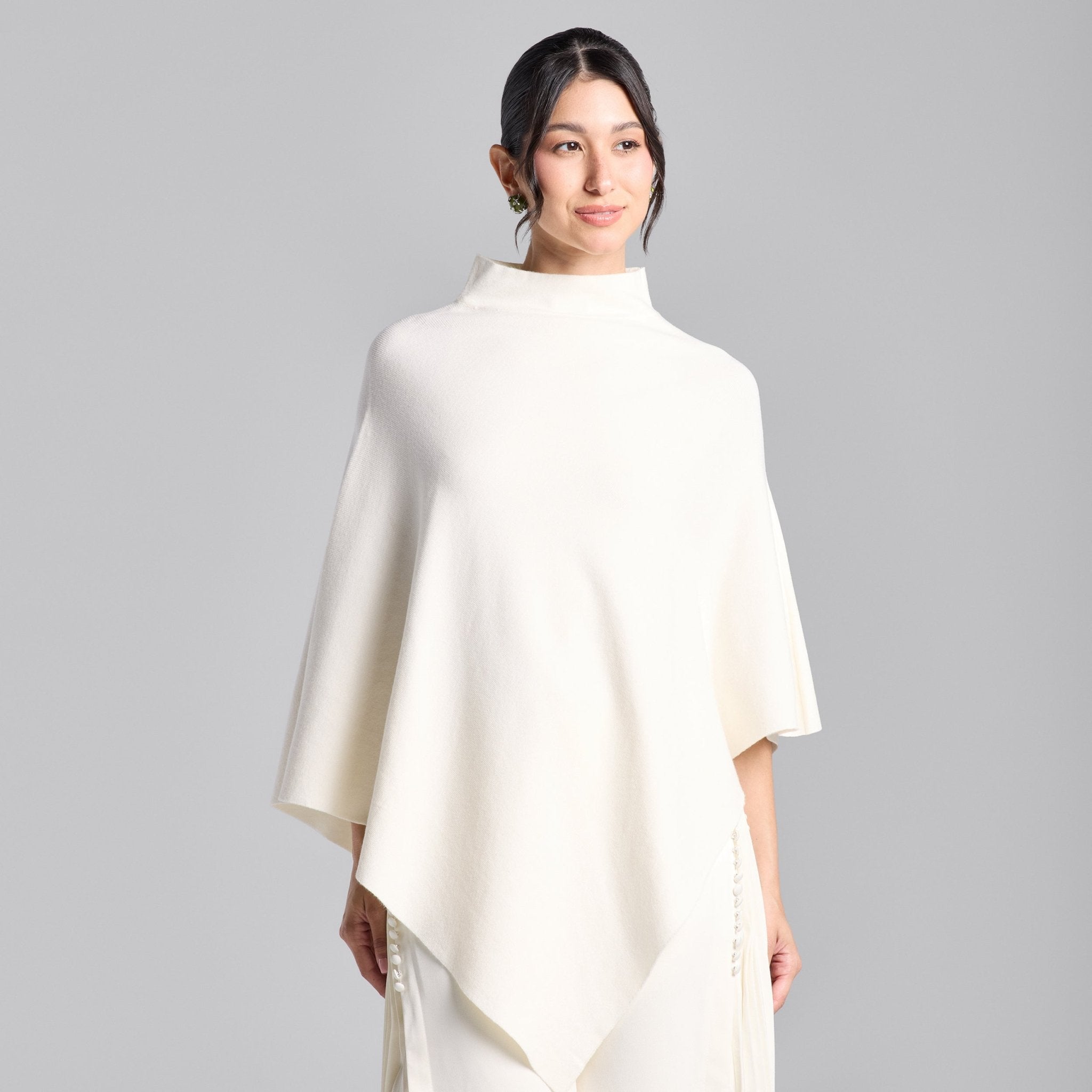 Ivory Asymmetrical Hem Knit Cape - shopaleena